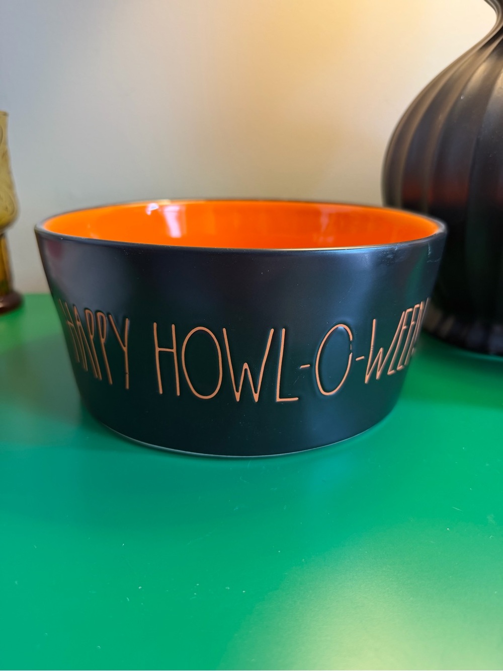 Rae Dunn Happy Howl-o-ween Black and Orange Pet Bowl Halloween